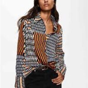 Mango Geometric Button-Down Shirt in Brown, Black & White